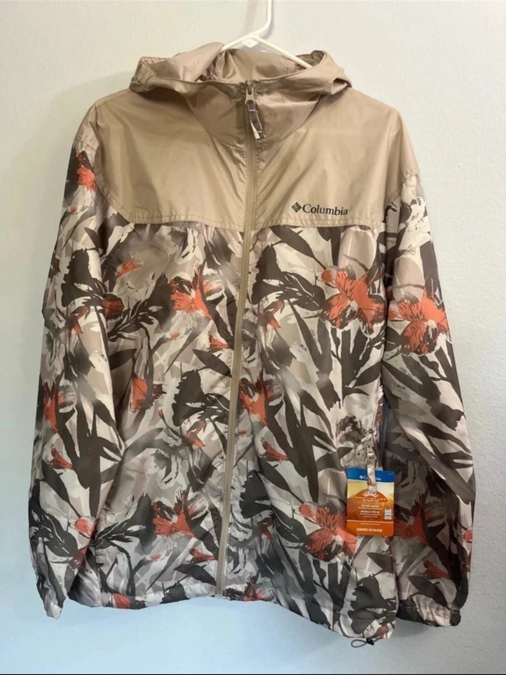 Columbia men’s small Beige Floral Hooded jacket with Orange Accents